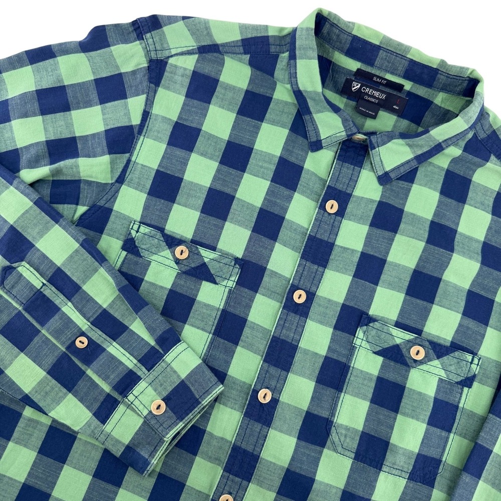 Cremieux Button Down Shirt Mens Large Green Navy Buffalo Check Slim Fit Cotton